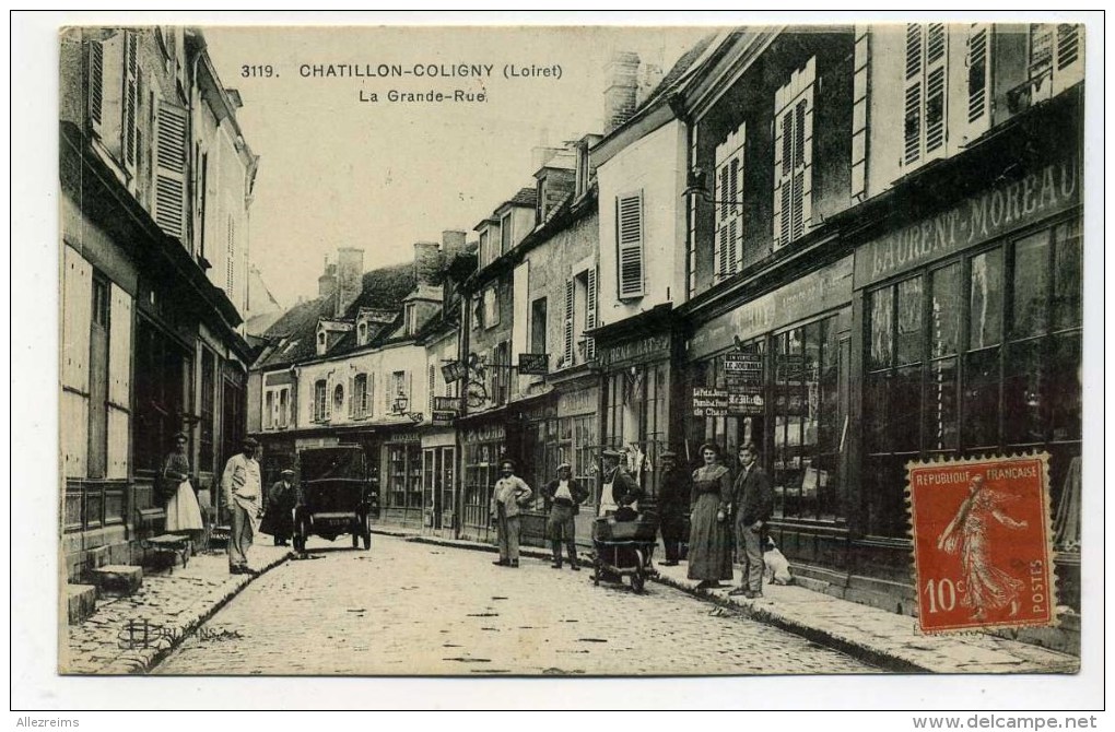 CPA  45   :   CHATILLON COLIGNY La Grande Rue  Très Animée Avec Commerces  1919  A   VOIR   !!!! - Chatillon Coligny