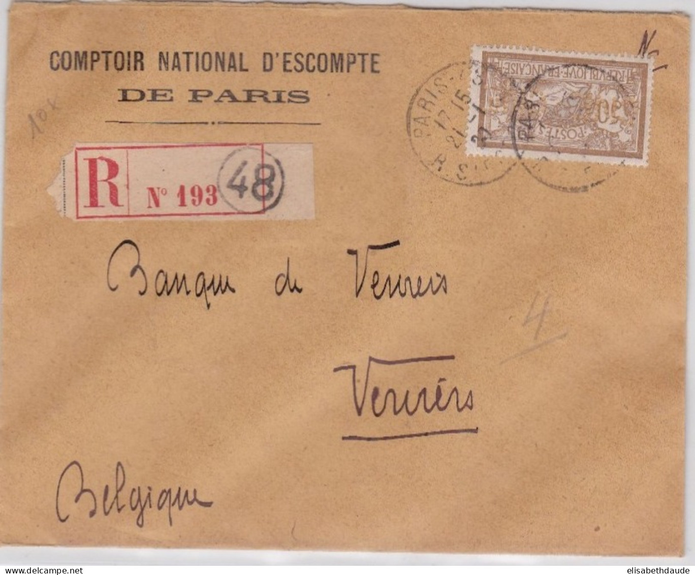 1920 - YVERT N°120 SEUL Sur ENVELOPPE RECOMMANDEE De PARIS Pour VERVIERS (BELGIQUE) ! - 1900-27 Merson