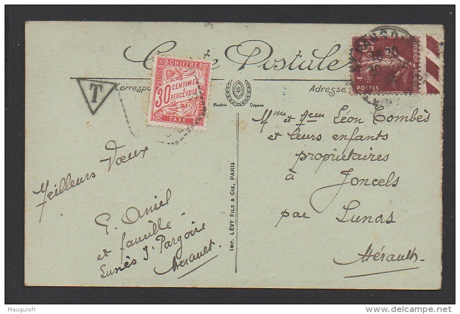 DF / FRANCE SUR CARTE POSTALE / TT 33 ET MARQUE T + TP 189 TYPE SEMEUSE / OBL. SAINT-PARGOIRE HERAULT - 1859-1959 Covers & Documents