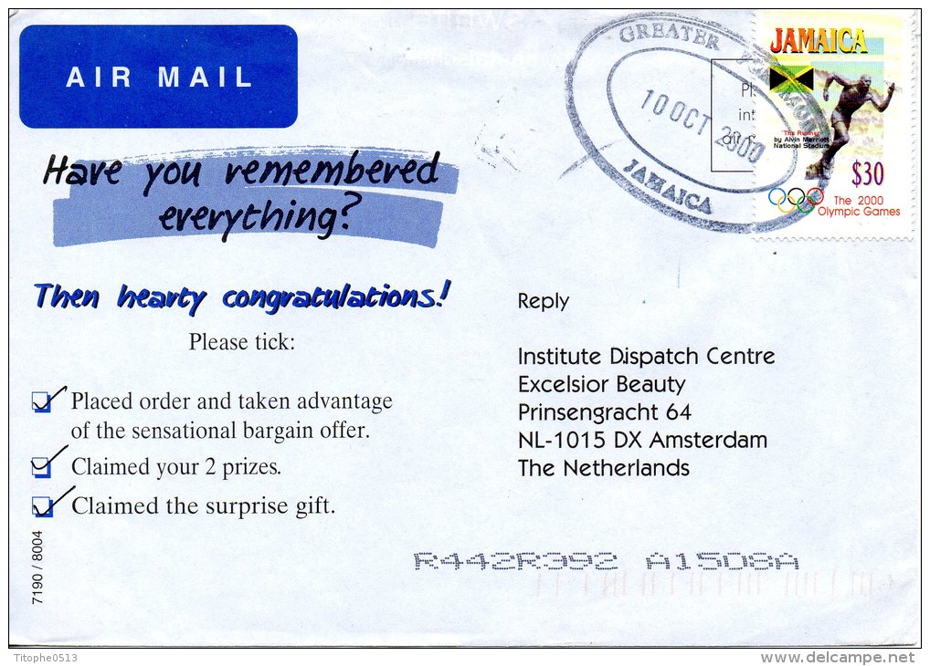 JAMAÏQUE. N°980 De 2000 Sur Enveloppe Ayant Circulé. J.O. De Sydney/Athlétisme. - Sommer 2000: Sydney