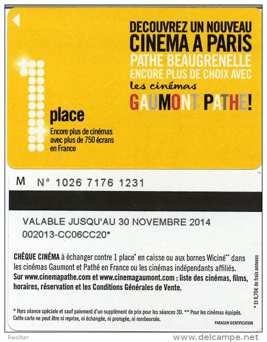 @+ CINECARTE Pathé Gaumont - 1 Place Jaune - Verso Lettre M (30 Novembre 2014) - Beaugrenelle - Cinécartes