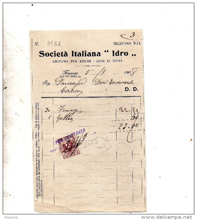 1908 FATTURA  FIRENZE SOCIETÀ ITALIANA IDRO - Italië