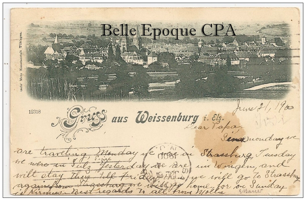 67 - WISSEMBOURG / GRUSS Aus Weissenburg ++++ Vers Bayonne, NY, USA, 1900 +++++ RARE / Cliché PAS Sur Delcampe - Wissembourg