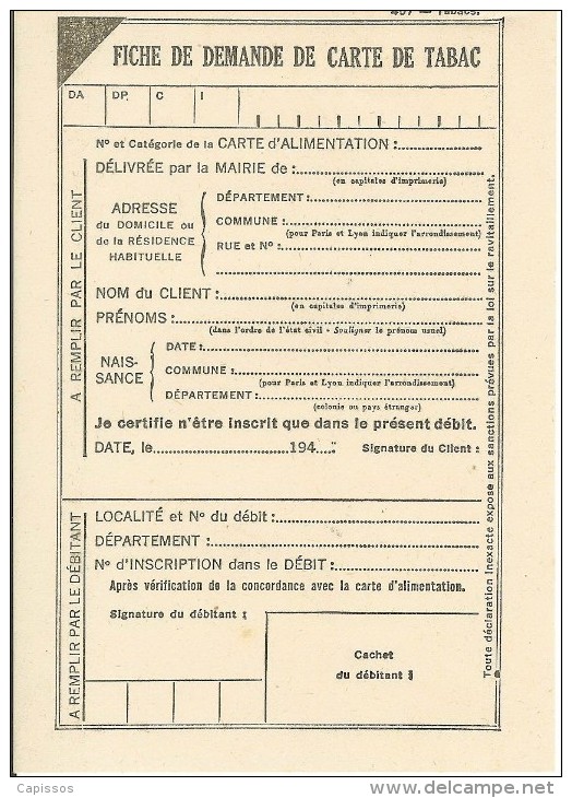 Fiche De Demande De Carte De Tabac Années 40 Très Bon Etat - Documents