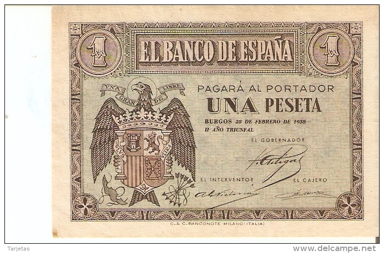 BILLETE DE 1 PTA DEL 28 DE FEBRERO 1938 SERIE F   (BANKNOTE) SIN CIRCULAR-UNCIRCULATED - 1-2 Peseten