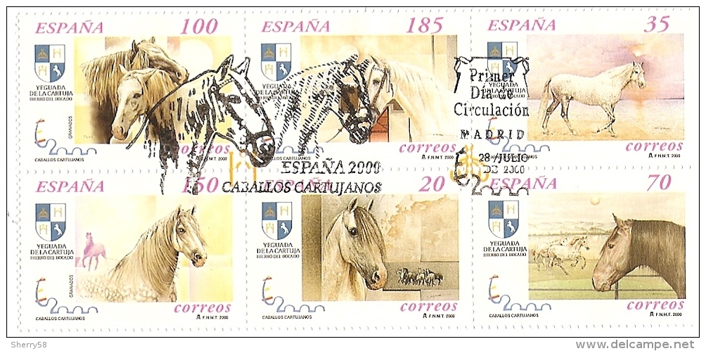 2000-ED. 3723A A 3728A H.B.-CABALLOS CARTUJANOS ESPAÑA 2000-MAT. 1er. DIA - Blocks & Kleinbögen