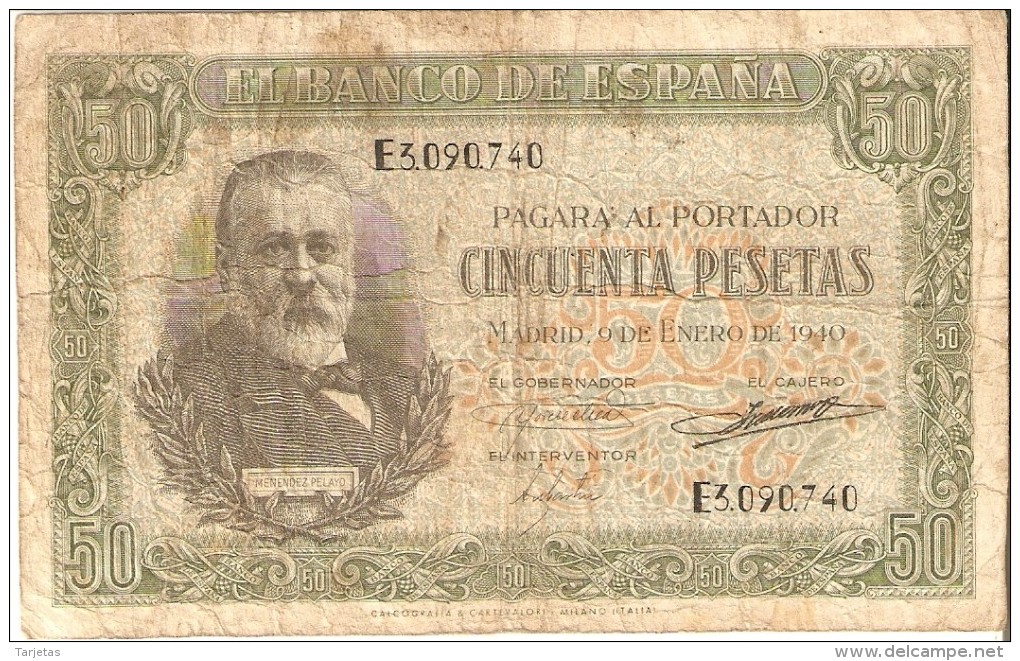 BILLETE DE ESPAÑA DE 50 PTAS DEL 9/01/1940 SERIE E CALIDAD  RC (BANKNOTE) - 50 Pesetas