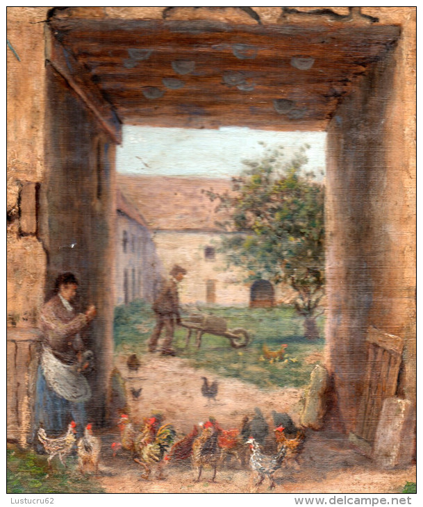 Huile Sur Carton - Datée 1900 - Scène De Ferme - Signée E. Madrière Ou Madzière ?  Non Encadré - Oelbilder