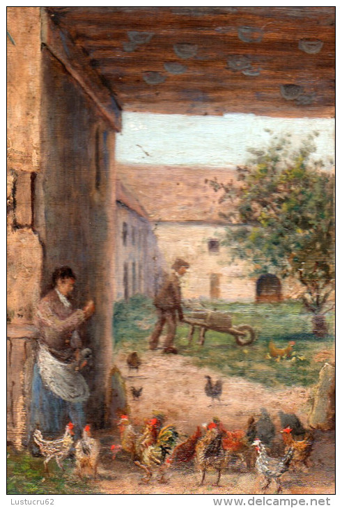 Huile Sur Carton - Datée 1900 - Scène De Ferme - Signée E. Madrière Ou Madzière ?  Non Encadré - Oelbilder