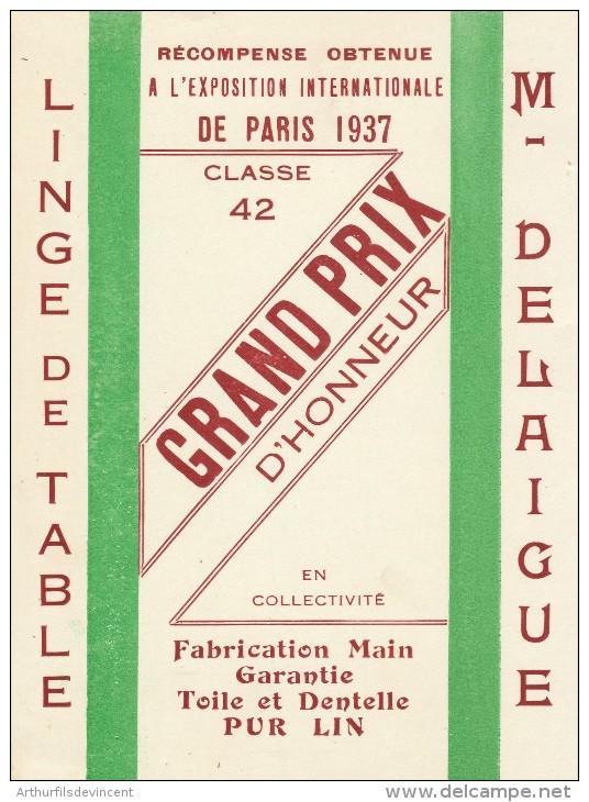 Publicitaire Kaart Carte Pub RARE Publicité DELAIGUE EXPOSITION INTERNATIONALE 1937 GRAND PRIX DENTELLES RETOURNAC 43 - Retournac