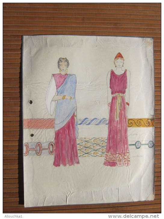 Dessin Peinture à La Gouache Original 1943 &mdash;&gt;Thème De La Mode Féminine:Costumes Romains Toge - Stola Et Insista - Tempere