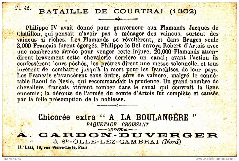 Thematiques 59 Nord  Chromo Cardon Duverger Sainte Olle Lez Cambrai Chicorée Extra A La Boulangére Bataille De Courtray - Andere & Zonder Classificatie