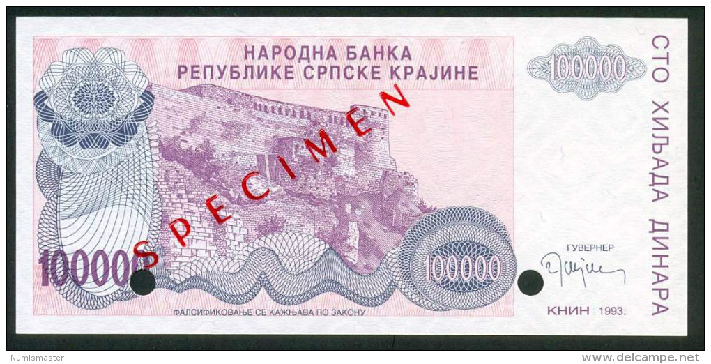 RR CROATIA , KNIN 100 000 DINARA 1993 , SPECIMEN W/O SERIAL NUMBER UNC - Croatie