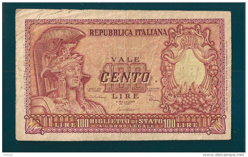 REPUBBLICA ITALIANA 100 LIRE  ITALIA ELMATA 31 - 12 - 1951 - 100 Liras