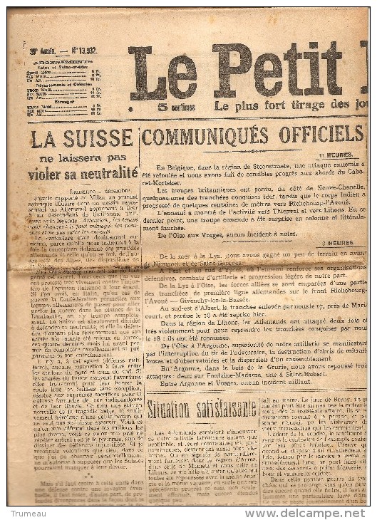 LA SUISSE NE LAISSERA PAS VIOLER SA NEUTRALITE JOURNAL LE PETIT PARISIEN DU 21 DECEMBRE 1914 COMPLET  4 PAGES - Le Petit Parisien