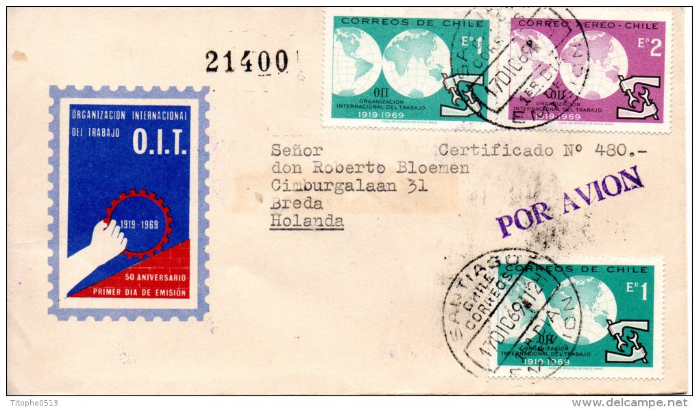 CHILI. N°341 + PA262 Sur Enveloppe 1er Jour (FDC) De 1969. OIT. - OIT