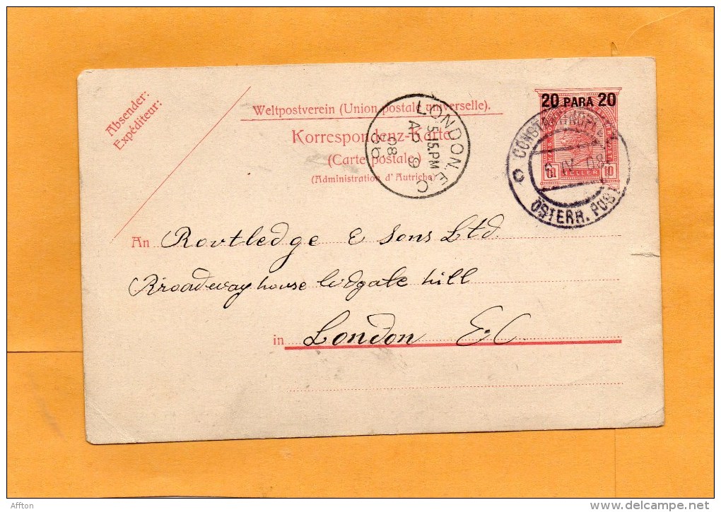 Austrian PO In Turkey 1908 Card Mailed To UK - Eastern Austria