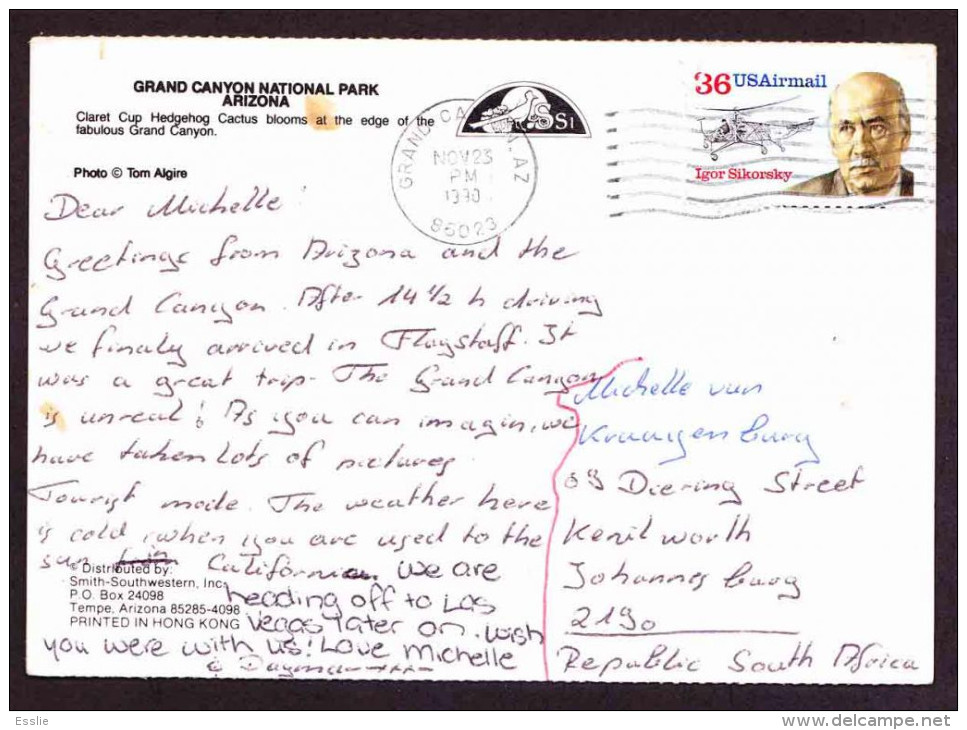 USA On Post Card To South Africa - 1988 (1990) - Igor Sikorsky, Aviation, Aeronautic Engineer, Grand Canyon - Otros & Sin Clasificación