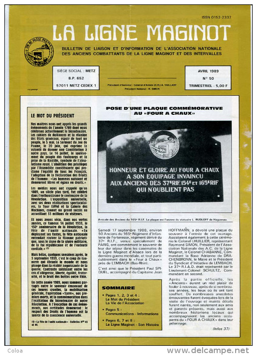 Bulletin Des Anciens Combattants De La Ligne Maginot N° 50 Avril 1989 - History