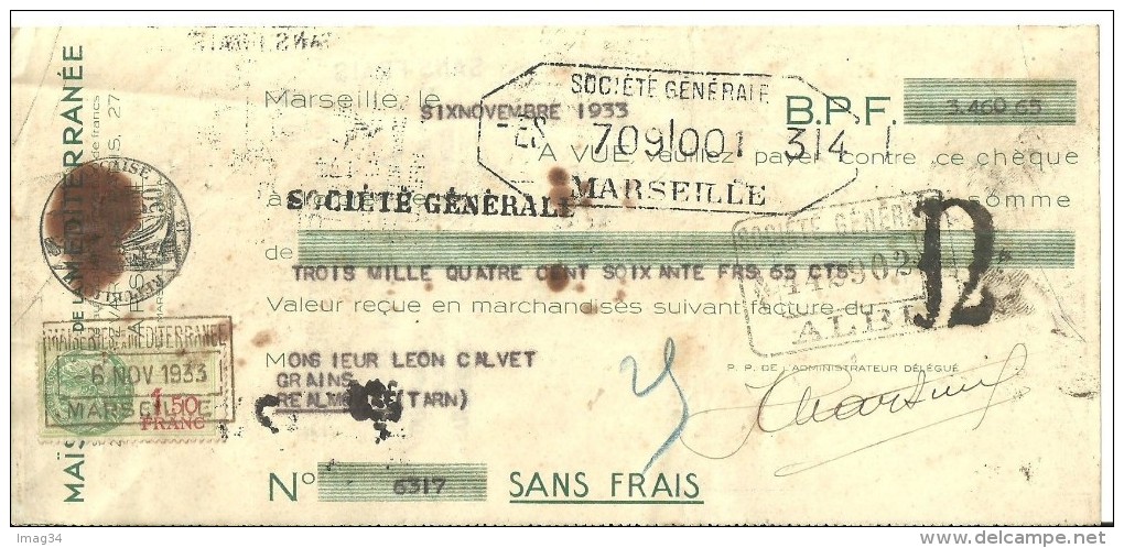 MARSEILLE  Bouches Du Rhône ALBI Tarn Société Générale  Chèque 1933 Tampons Banque Maîserie De La Méditerranée - Schecks  Und Reiseschecks
