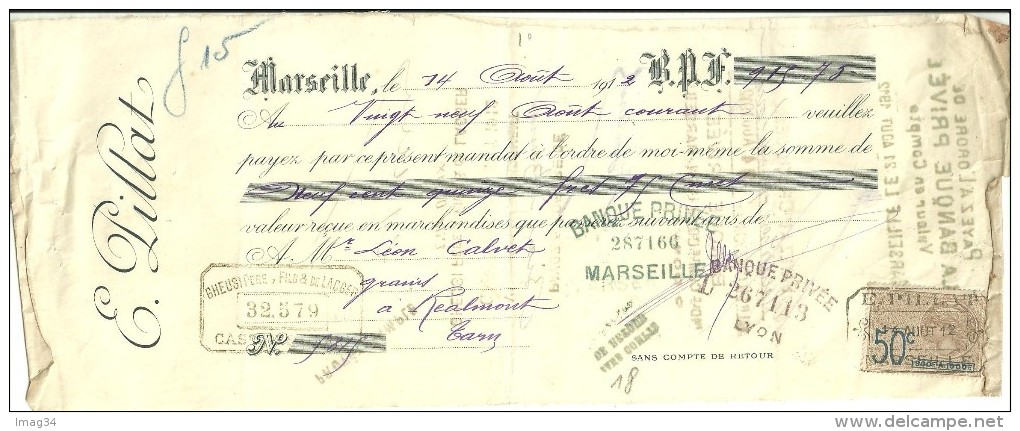 MARSEILLE Bouches Du Rhône CASTRES Tarn LYON Chèque Tampons Timbre Banque Privée PILLAT GHEUSI  LACGER - Chèques & Chèques De Voyage