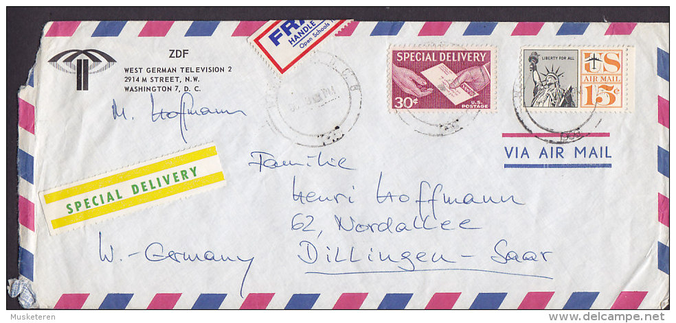 United States Airmail SPECIAL DELIVERY 1966 Cover Lettre FRAGILE, OPEN SCHOOLS TO EPILEPTICS Label Bird Vogel Oiseau (2 - Special Delivery, Registration & Certified