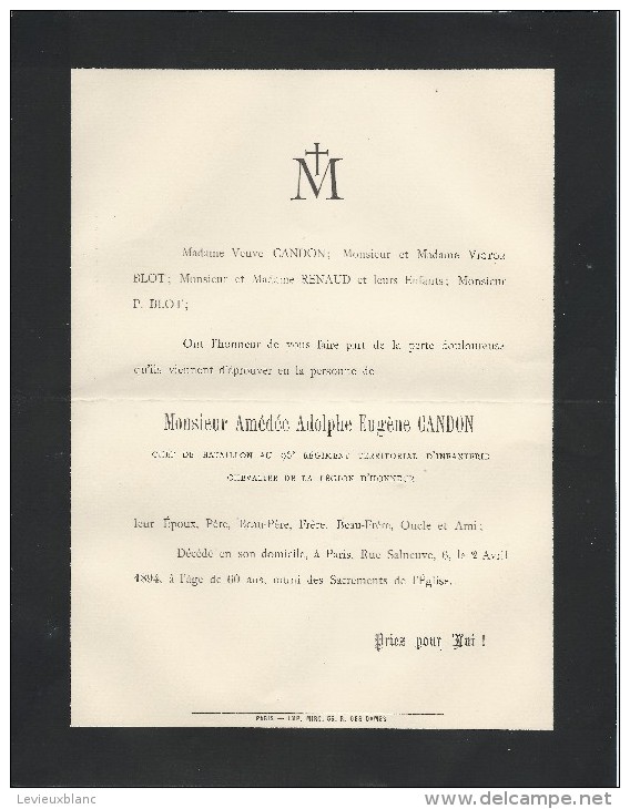 Annonce Décés/ Amédée Adolphe Eugéne CANDON/ Chef De Bataillon 96éme RTI/60ans/Paris/1894  FPD3 - Obituary Notices