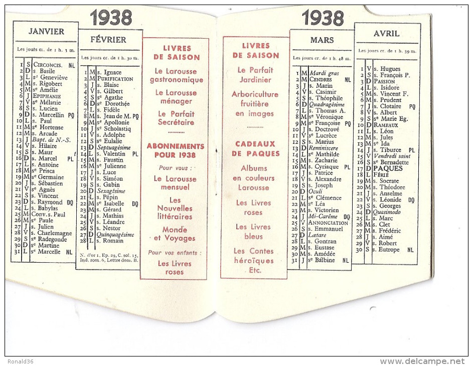 Calendrier 1938 Mini Livre Larousse Dictionnaires  IMPRIMERIE LIBRAIRIE Henri BONIN LAMOTTE BEUVRON 41 - Small : 1921-40