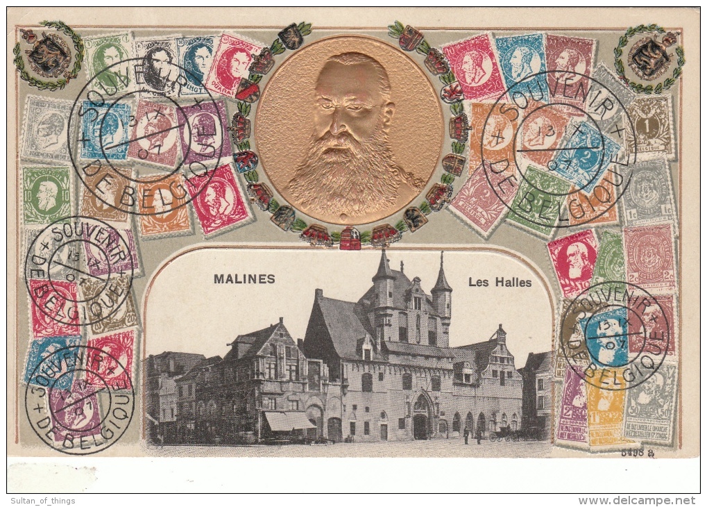 Cpa/pk 1920 Mechelen Malines Les Halles Carte Relief Gold Or - Malines