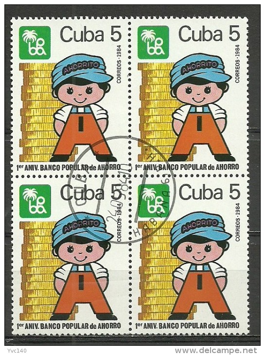 Cuba ; 1984 1st Anniv. Of People's Saving Bank (Block Of 4) - Oblitérés