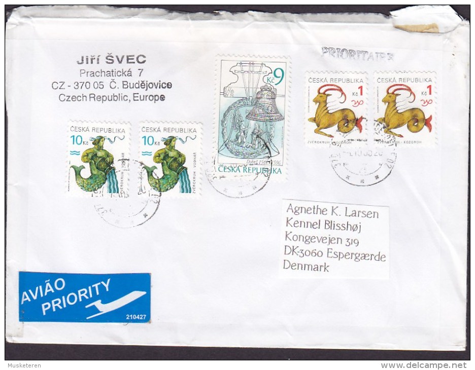 Czech Republic Aviao Priority Label BUDEJOVICE 1998? Cover Brief To Denmark Astrology Capricorn & Aquarius Bell - Briefe U. Dokumente