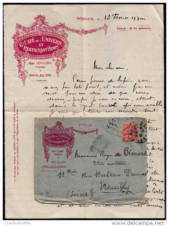 1930 LETTRE AVEC ENTÊTE * GRAND CAFE DE L'UNIVERS ET RESTAURANT HENRY GEVAUDAN * à NIMES + ENVELOPPE - 1900 – 1949