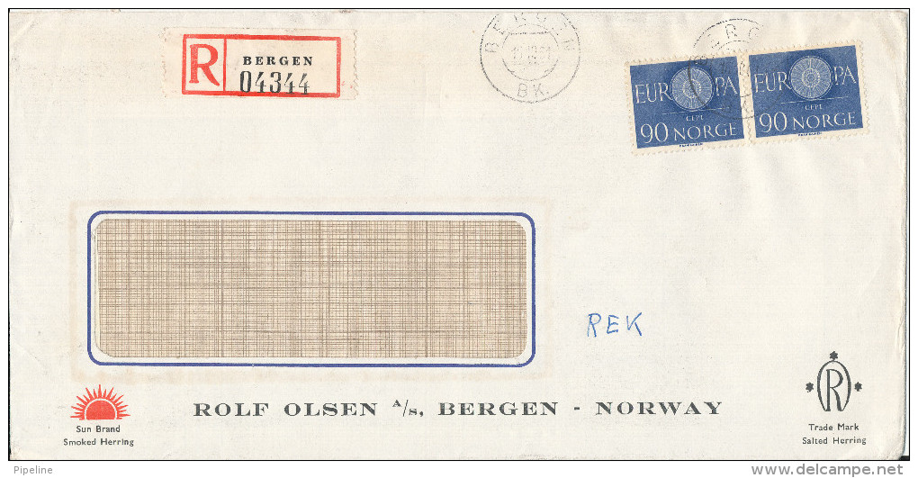 Norway Registered Cover Sent To Denmark Bergen 16-10-1961 With EUROPA CEPT Stamps (the Flap On The Backside Of The Cover - Lettres & Documents