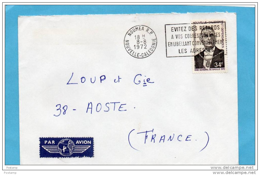 MARCOPHILIE-lettre NLLLE CALEDONIE-cad+flamme  évitons Les Retards  1972-stamp N°377 DE GAULLE - Storia Postale