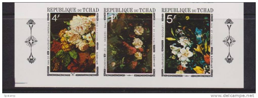 Chad Tchad 1971 Flower Painting Imperforate Strip 3 MNH Rubens Van Os Brueghel - Chad (1960-...)