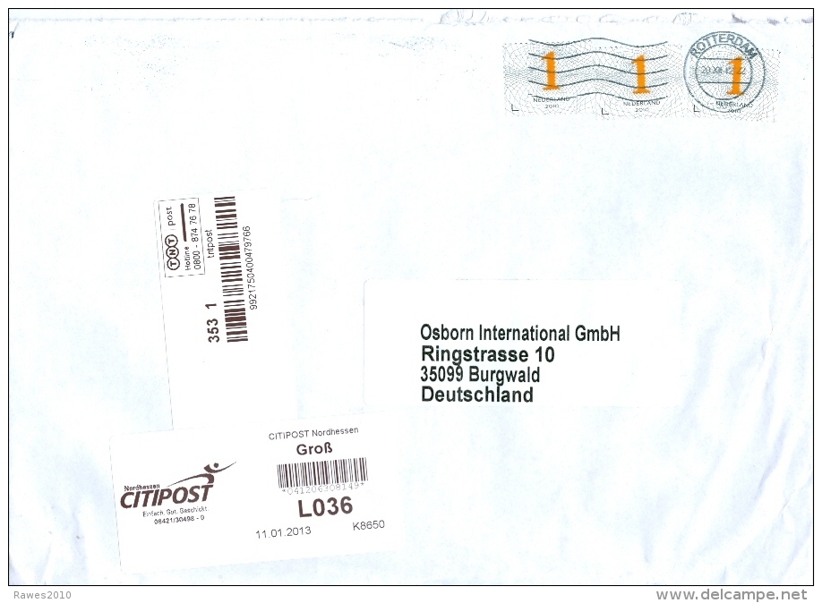 Niederlande Rotterdam TGST 2012 BM 1 € + Privatpost TNT-Post - Label + Label Citipost Nordhessen Groß - Briefe U. Dokumente