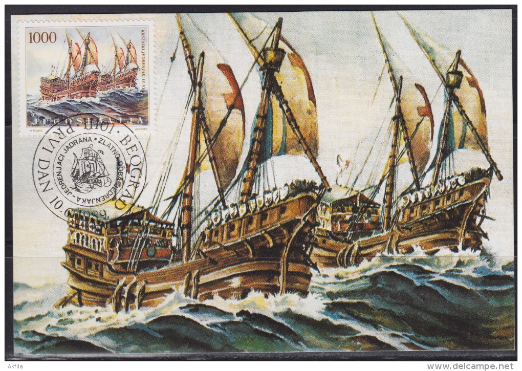 3700. Yugoslavia, 1989, Crusade Sailboat 13th Century, CM - Maximumkarten
