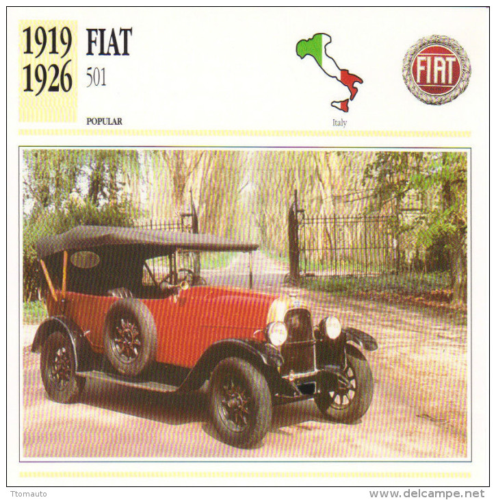 Fiche Auto  -  Fiat 501    -  1924  -  Carte De Collection - Voitures