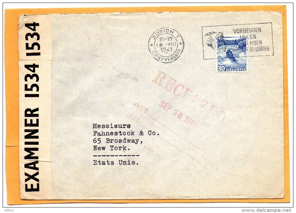 Switzerland 1941 Censored Cover Mailed To USA - Lettres & Documents