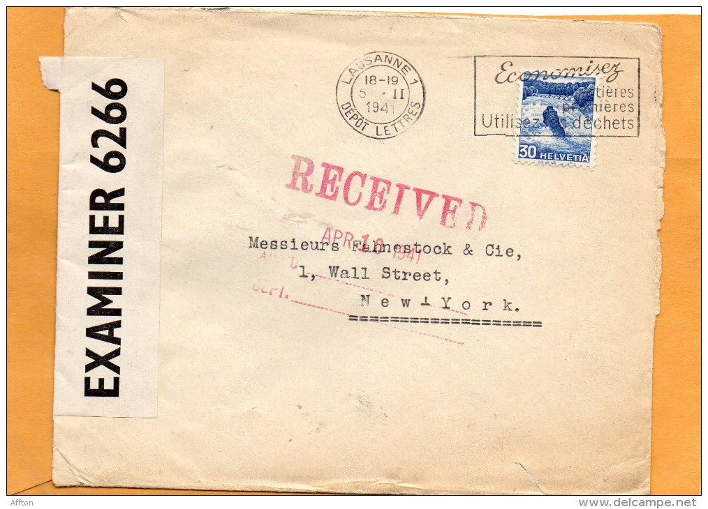 Switzerland 1941 Censored Cover Mailed To USA - Cartas & Documentos