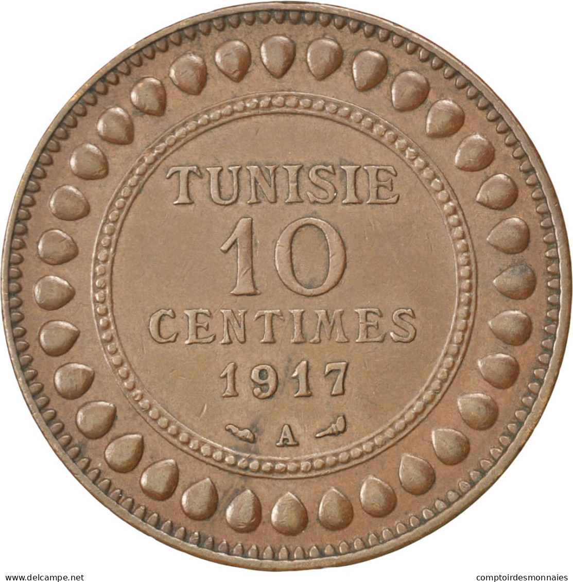 Monnaie, Tunisie, Muhammad Al-Nasir Bey, 10 Centimes, 1917, Paris, TTB+, Bronze - Tunisia