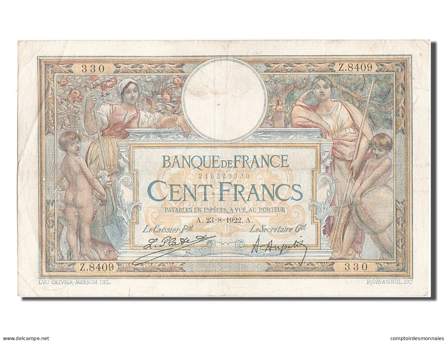 Billet, France, 100 Francs, 100 F 1908-1939 ''Luc Olivier Merson'', 1922 - 100 F 1908-1939 ''Luc Olivier Merson''