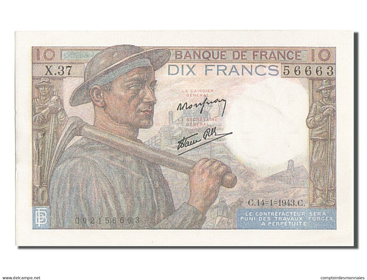 Billet, France, 10 Francs, 10 F 1941-1949 ''Mineur'', 1943, 1943-01-14, SUP - 10 F 1941-1949 ''Mineur''