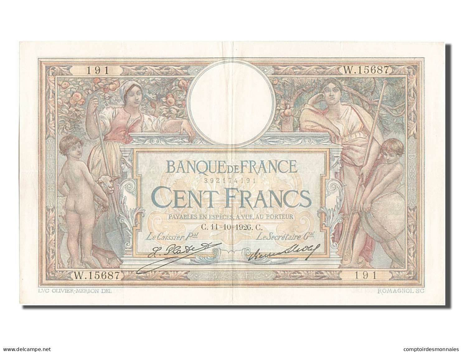 Billet, France, 100 Francs, 100 F 1908-1939 ''Luc Olivier Merson'', 1926 - 100 F 1908-1939 ''Luc Olivier Merson''