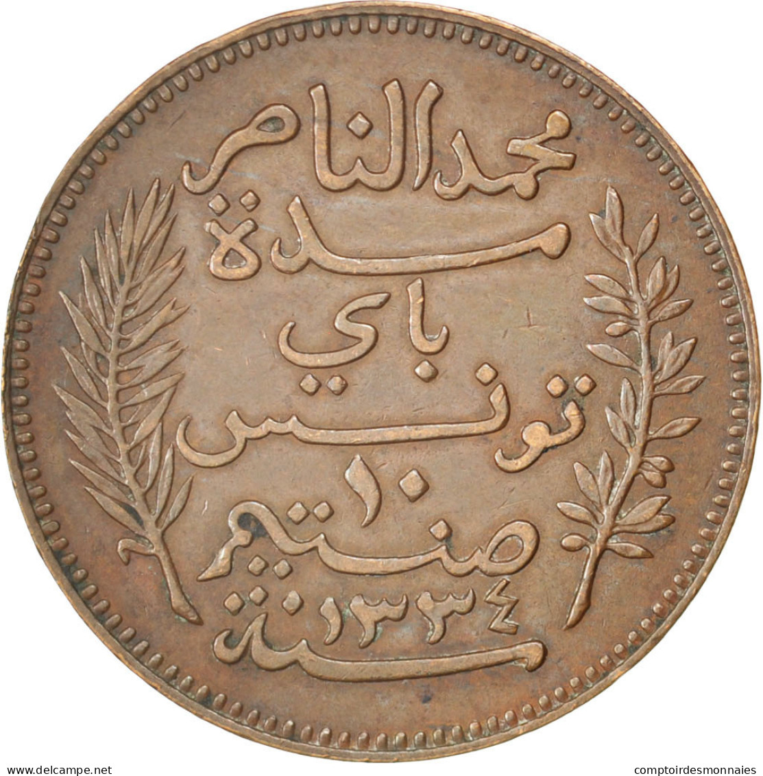 Monnaie, Tunisie, Muhammad Al-Nasir Bey, 10 Centimes, 1916, Paris, TTB+, Bronze - Túnez