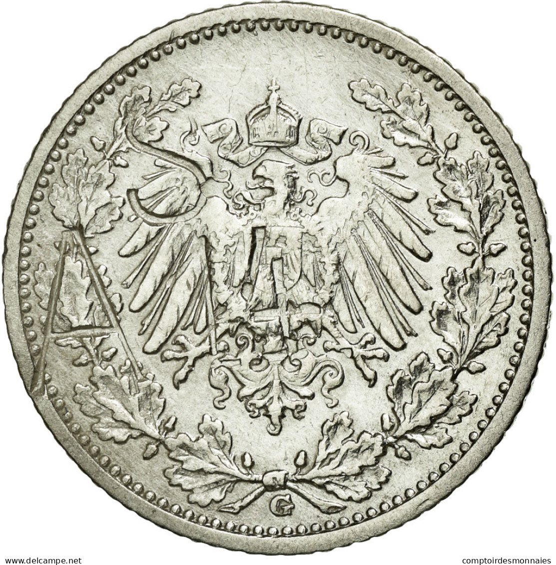 Monnaie, GERMANY - EMPIRE, 1/2 Mark, 1908, Karlsruhe, TTB, Argent, KM:17 - 1/2 Mark