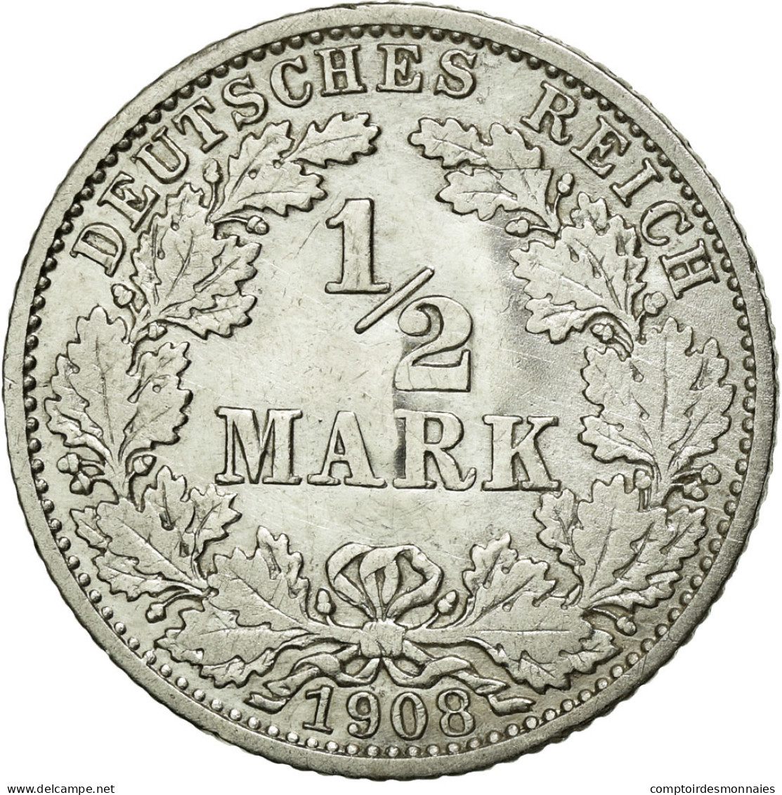 Monnaie, GERMANY - EMPIRE, 1/2 Mark, 1908, Karlsruhe, TTB, Argent, KM:17 - 1/2 Mark