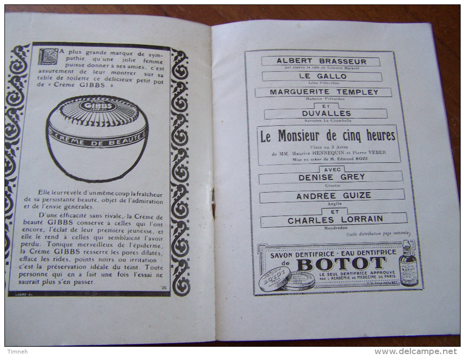 HISTORIQUE DU THEATRE PALAIS ROYAL LE MONSIEUR DE CINQ HEURES BRASSEUR TEMPLEY LORRAIN Publicités - Programs