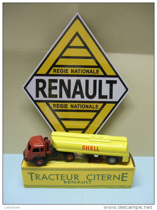 CAMION CIJ Tracteur Fainéant RENAULT Citerne SHELL + PLAQUE Publicitaire En Tôle RENAULT - Camions, Bus Et Construction