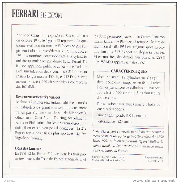 Fiche : Voitures De Course / FERRARI 212 EXPORT / 1951 - 1952 / Epoque Classique / Italie - Car Racing - F1